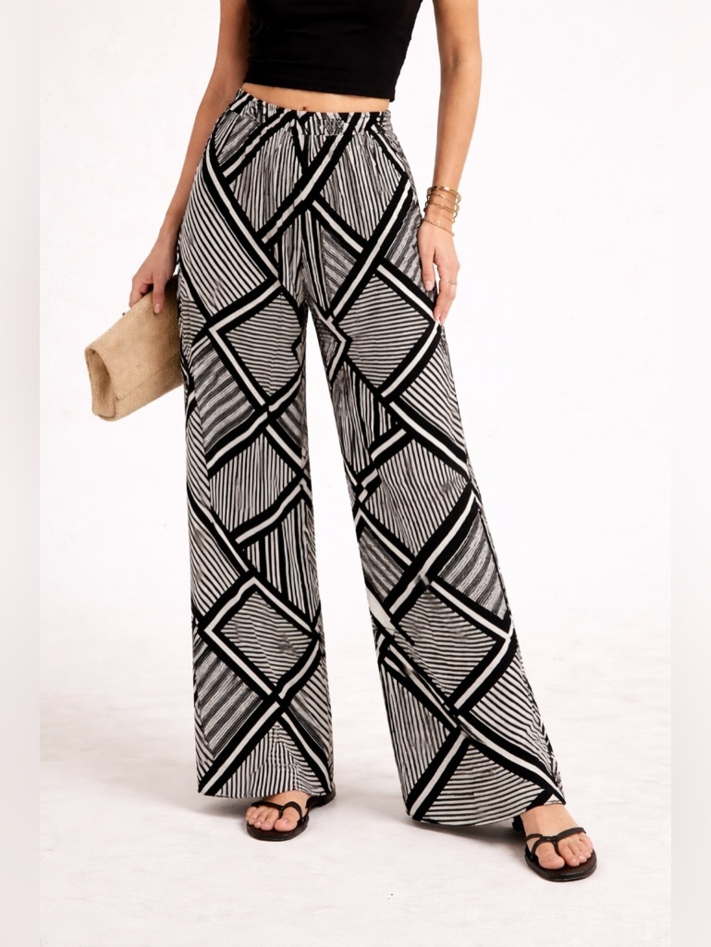 Jules & Leopold NWT Black White Geometric Palazzo Pants Wide Leg Boho Chic Sz M